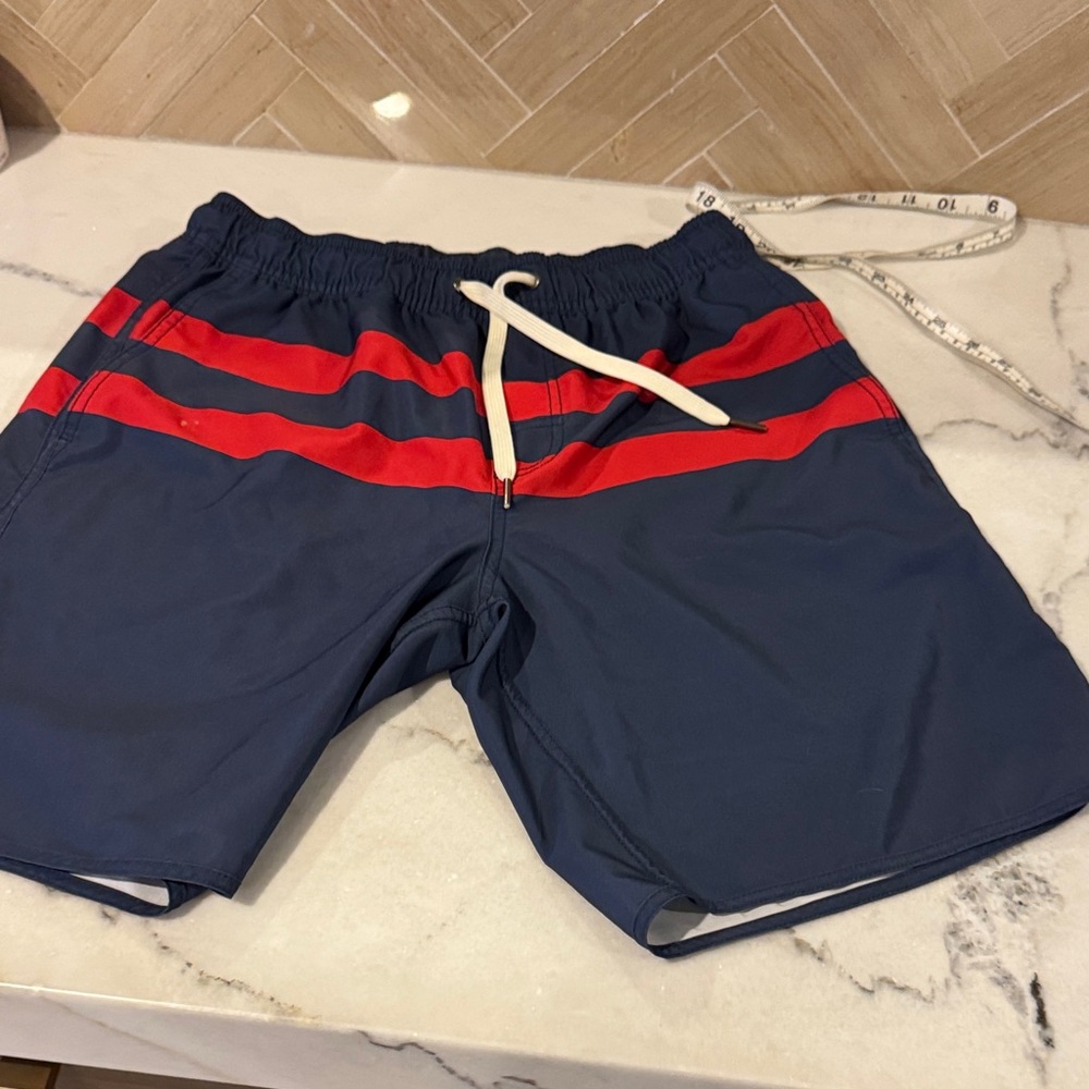 Fair Harbor Dark Blue Swim Shorts with Red Accents